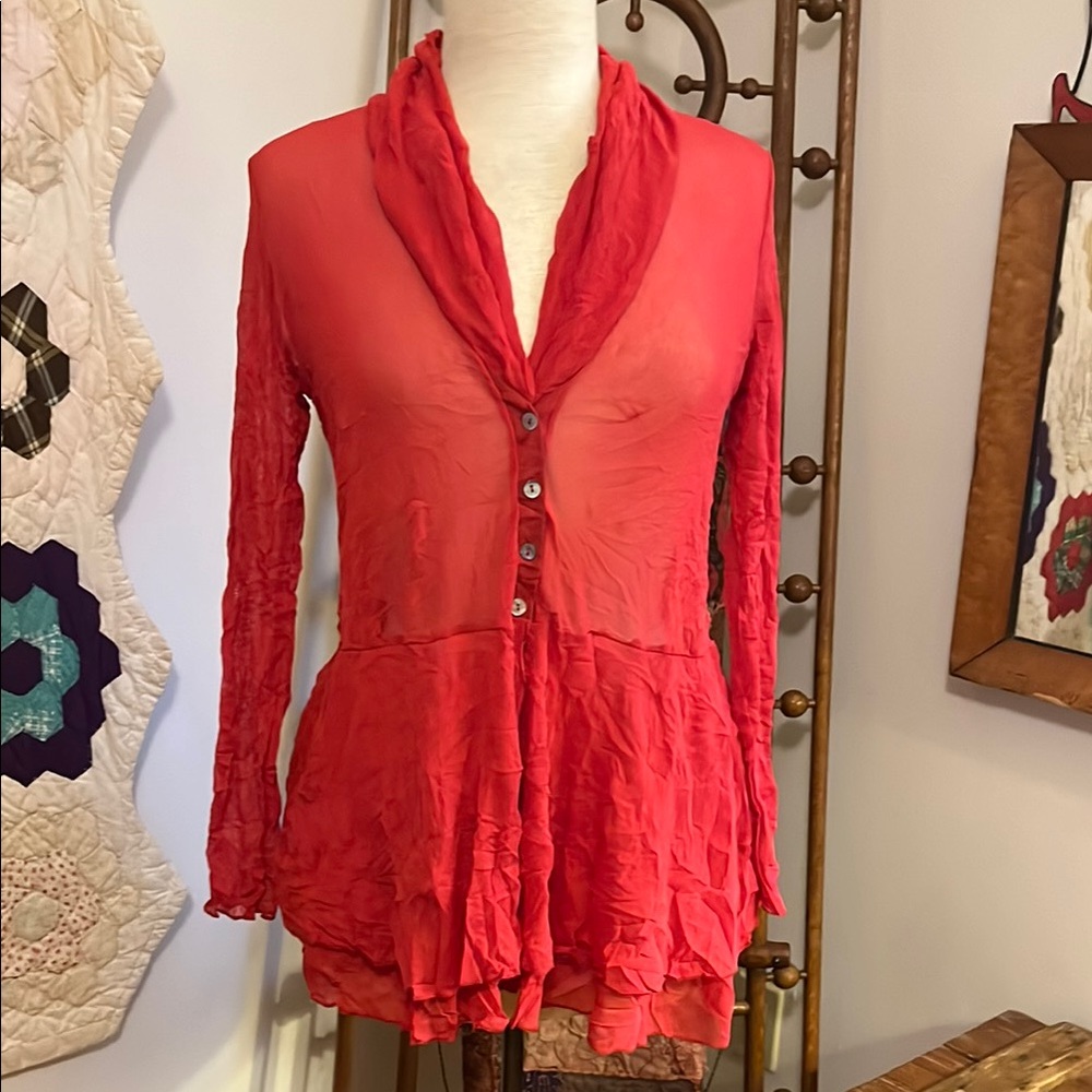 Comfy USA Red Crinkled Ruffled Peplum Blouse